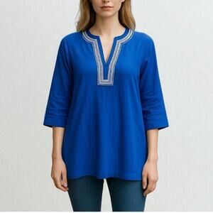 Chico's Linen Embellished Tunic Top Blue 4 XXL